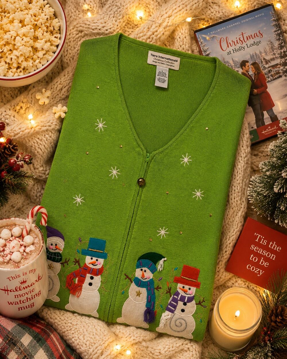 Tiara International Christmas Snowmen Ramie Cotton Cardigan Sweater L
